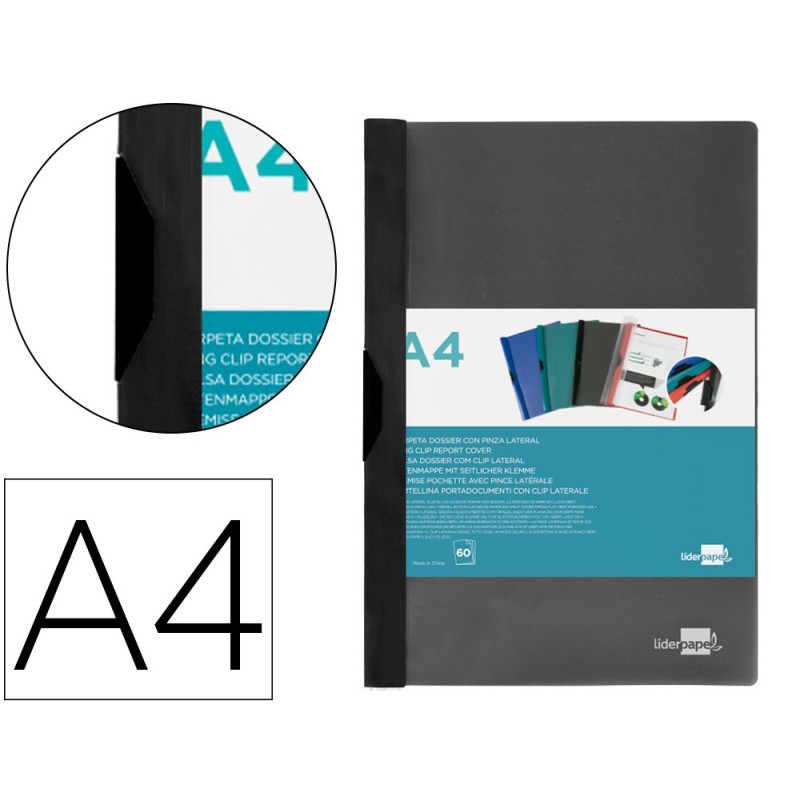 CARPETA LIDERPAPEL DOSSIER PINZA LATERAL 45325 POLIPROPILENO DIN A4 NEGRO 60 HOJAS PINZA DESLIZANTE