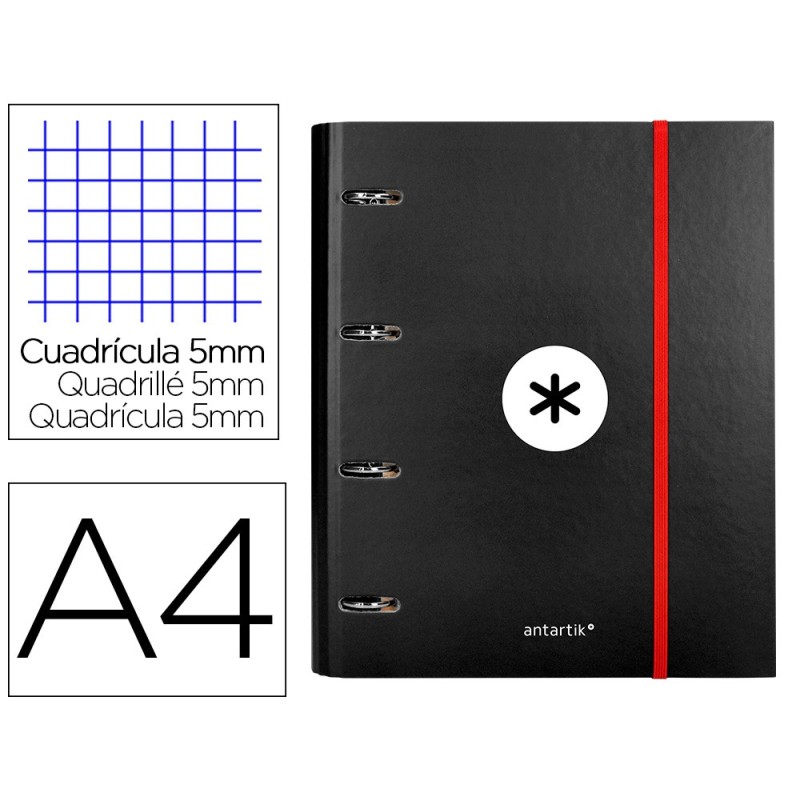 CARPETA CON RECAMBIO Y SOLAPA LIDERPAPEL ANTARTIK A4 CUADRO 5 MM FORRADA 4 ANILLAS REDONDAS 40MM COLOR NEGRA