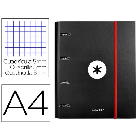CARPETA CON RECAMBIO Y SOLAPA LIDERPAPEL ANTARTIK A4 CUADRO 5 MM FORRADA 4 ANILLAS REDONDAS 40MM COLOR NEGRA