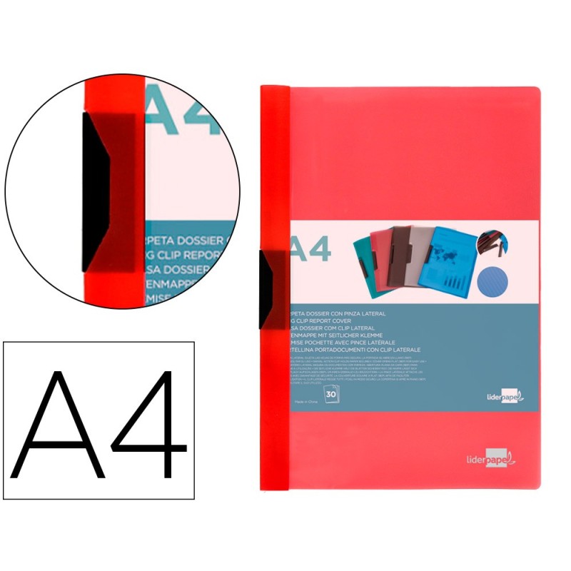 CARPETA LIDERPAPEL DOSSIER PINZA LATERAL POLIPROPILENO DIN A4 ROJO TRANSLUCIDO 30 HOJAS PINZA DESLIZANTE