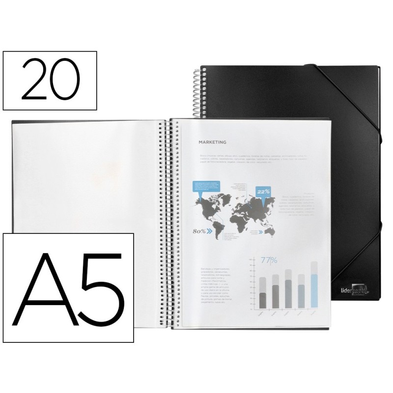 CARPETA LIDERPAPEL ESCAPARATE CON ESPIRAL 20 FUNDAS POLIPROPILENO DIN A5 NEGRO OPACO