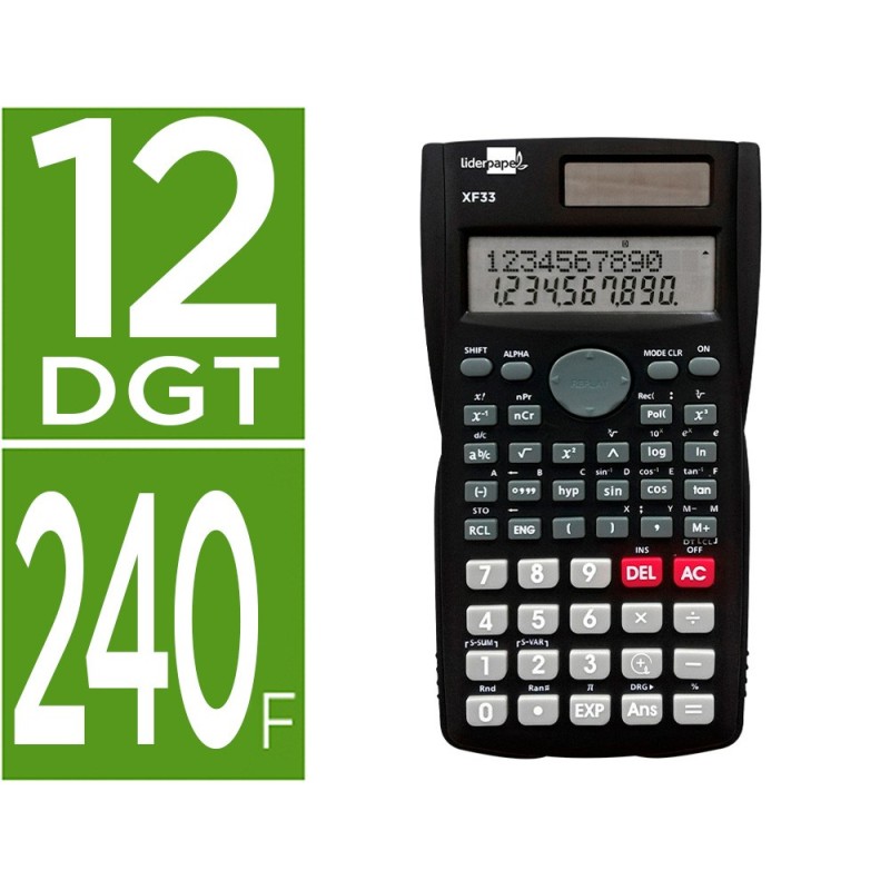 CALCULADORA LIDERPAPEL CIENTIFICA XF33 12 DIGITOS 240 FUNCIONES CON TAPA SOLAR Y PILAS COLOR NEGRO 156X85X20