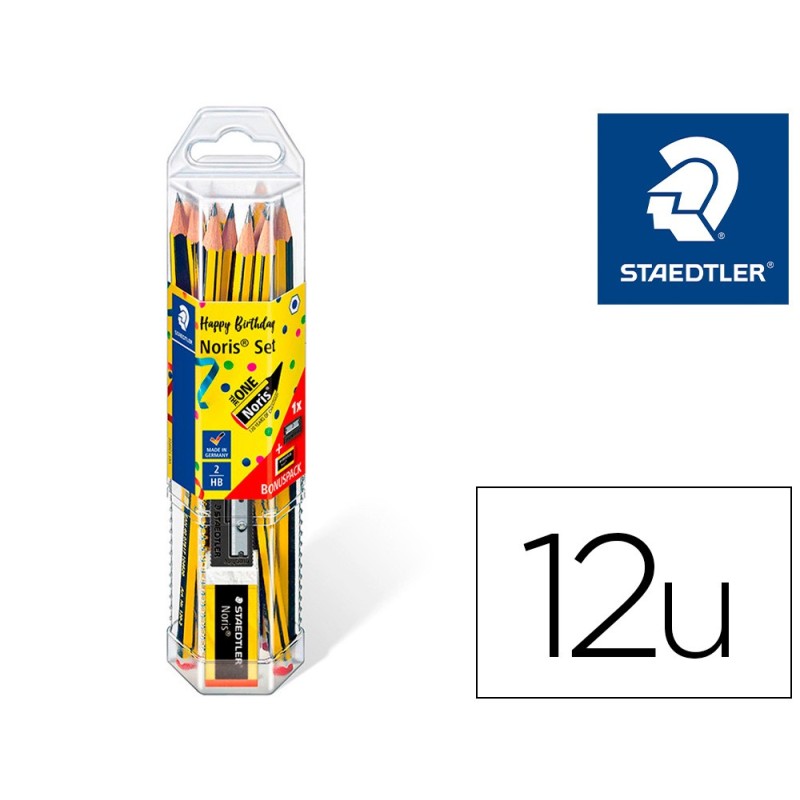 LAPICES DE GRAFITO STAEDTLER NORIS N.2 HB BLISTER PROMOCIONAL 120 ANIVERSARIO DE12 UDS + AFILALAPIZ + GOMA