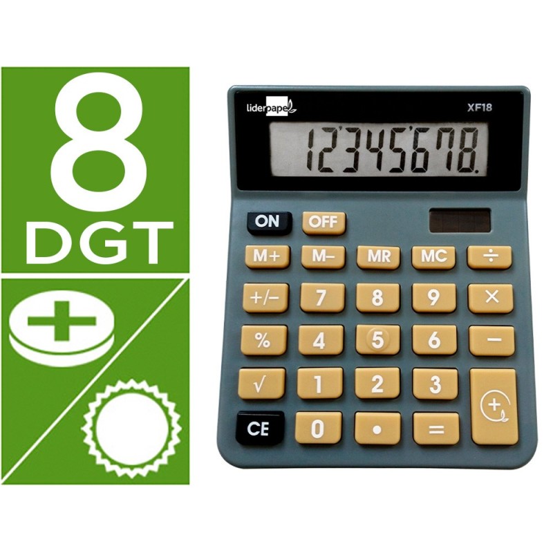 CALCULADORA LIDERPAPEL SOBREMESA XF18 8 DIGITOS SOLAR Y PILAS COLOR GRIS 127X105X24 MM