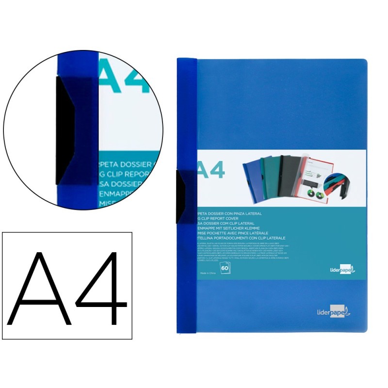 CARPETA LIDERPAPEL DOSSIER PINZA LATERAL POLIPROPILENO DIN A4 AZUL TRANSLUCIDO 60 HOJAS PINZA DESLIZANTE