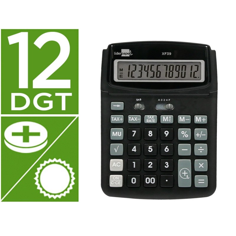 CALCULADORA LIDERPAPEL SOBREMESA XF39 12 DIGITOS SOLAR Y PILAS COLOR NEGRO 190X140X32 MM 40% RECICLADO