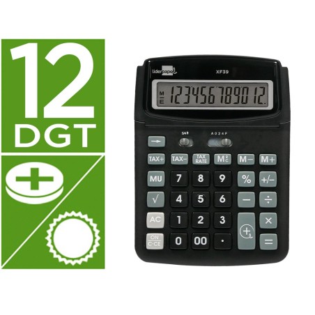 CALCULADORA LIDERPAPEL SOBREMESA XF39 12 DIGITOS SOLAR Y PILAS COLOR NEGRO 190X140X32 MM 40% RECICLADO