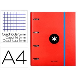 CARPETA CON RECAMBIO Y SOLAPA LIDERPAPEL ANTARTIK A4 CUADRO 5 MM FORRADA 4 ANILLAS REDONDAS 40MM COLOR ROJO
