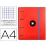 CARPETA CON RECAMBIO Y SOLAPA LIDERPAPEL ANTARTIK A4 CUADRO 5 MM FORRADA 4 ANILLAS REDONDAS 40MM COLOR ROJO