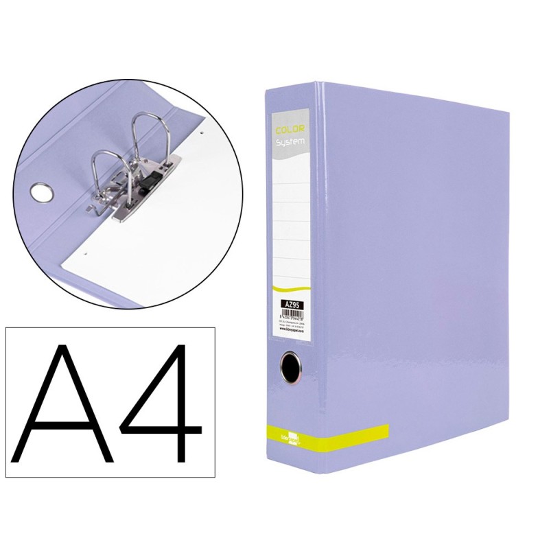 ARCHIVADOR DE PALANCA LIDERPAPEL A4 COLOR SYSTEM FORRADO SIN RADO LOMO 80 MM LAVANDA COMPRESOR METALICO