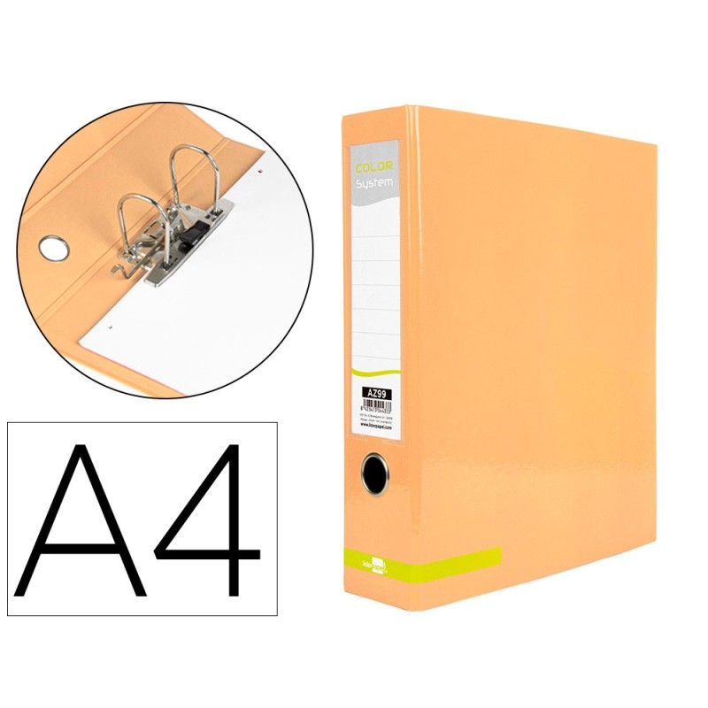 ARCHIVADOR DE PALANCA LIDERPAPEL A4 COLOR SYSTEM FORRADO SIN RADO LOMO 80 MM MELOCOTON COMPRESOR METALICO