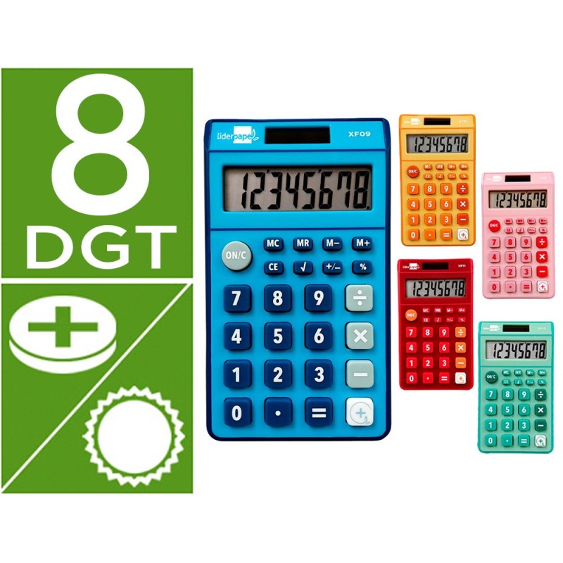 CALCULADORA LIDERPAPEL BOLSILLO XF14 8 DIGITOS SOLAR Y PILAS 115X65X8 MM EXPOSITOR DE 16 UNIDADES COLORES