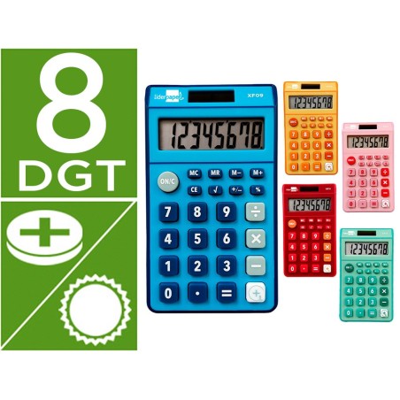 CALCULADORA LIDERPAPEL BOLSILLO XF14 8 DIGITOS SOLAR Y PILAS 115X65X8 MM EXPOSITOR DE 16 UNIDADES COLORES