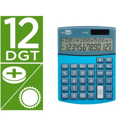 CALCULADORA LIDERPAPEL SOBREME SA XF28 12 DIGITOS DOS LINEAS COSTE VENTA MARGEN Y TASAS SOLAR Y PILAS AZUL 155X115X25 MM