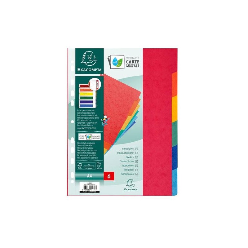 Separadores cartulina Exacompta - Multitaladro - A4 - 225 g - 6 posiciones - Colores surtidos