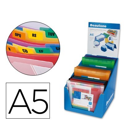 CARPETA LIDERPAPEL CLASIFICADOR FUELLE POLIPROPILENO A5 EXPOSITOR DE 12 UNIDADES COLORES SURTIDOS