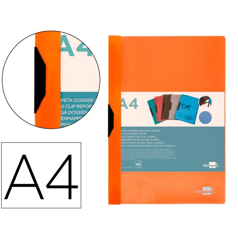 CARPETA LIDERPAPEL DOSSIER PINZA LATERAL POLIPROPILENO DIN A4 NARANJA FLUOR OPACO 30 HOJAS PINZA DESLIZANTE