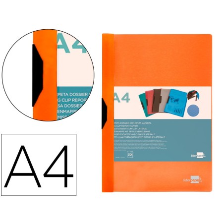CARPETA LIDERPAPEL DOSSIER PINZA LATERAL POLIPROPILENO DIN A4 NARANJA FLUOR OPACO 30 HOJAS PINZA DESLIZANTE