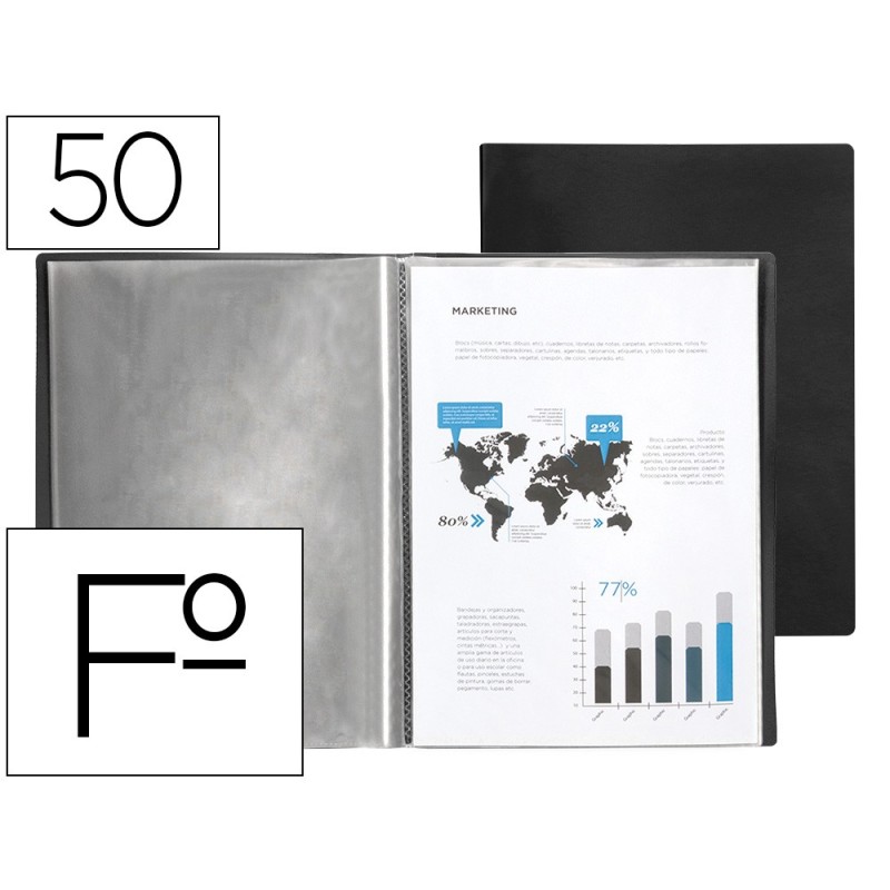CARPETA LIDERPAPEL ESCAPARATE 50 FUNDAS PVC FOLIO NEGRO
