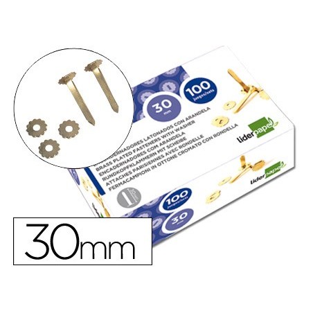 ENCUADERNADORES LIDERPAPEL LATONADOS CON ARANDELA 30 MM CAJA DE 100 UNIDADES