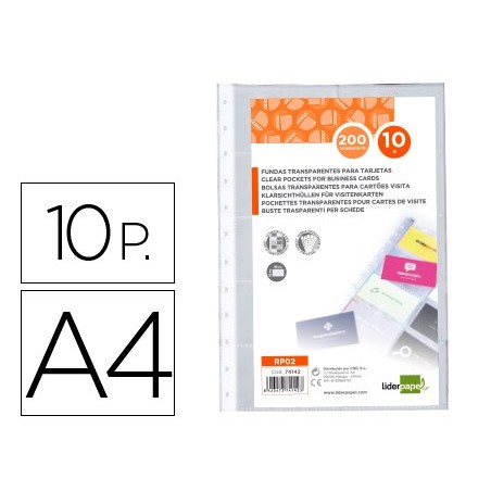 RECAMBIO FUNDAS LIDERPAPEL DIN A4 PARA TARJETERO BOLSA DE 10 HOJAS CAPACIDAD 20 TARJETAS POR HOJA