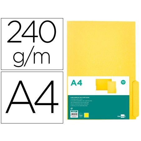 SUBCARPETA CARTULINA LIDERPAPEL A4 PESTAÑA INFERIOR 240G/M2 COLOR AMARILLO (PACK INDIVISIBLE 50 UDS)