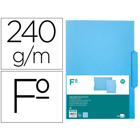 SUBCARPETA CARTULINA LIDERPAPEL FOLIO PESTAÑA CENTRAL 240G/M2 AZUL (PACK INDIVISIBLE 50 UDS)