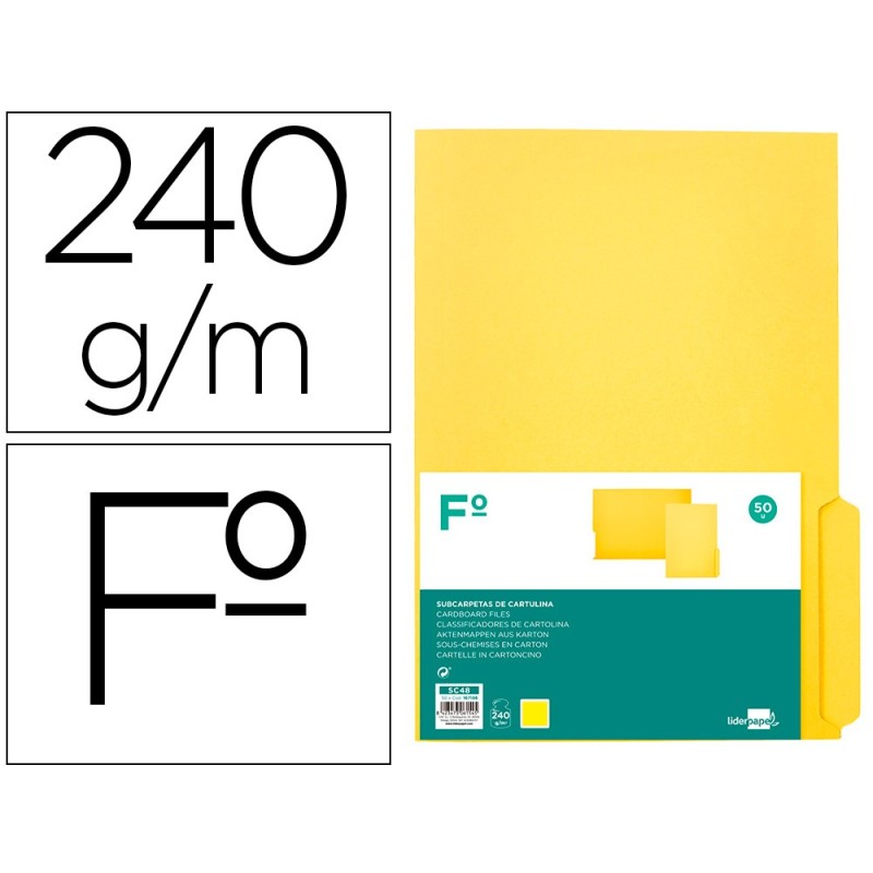SUBCARPETA CARTULINA LIDERPAPEL FOLIO PESTAÑA INFERIOR 240G/M2 COLOR AMARILLO (PACK INDIVISIBLE 50 UDS)