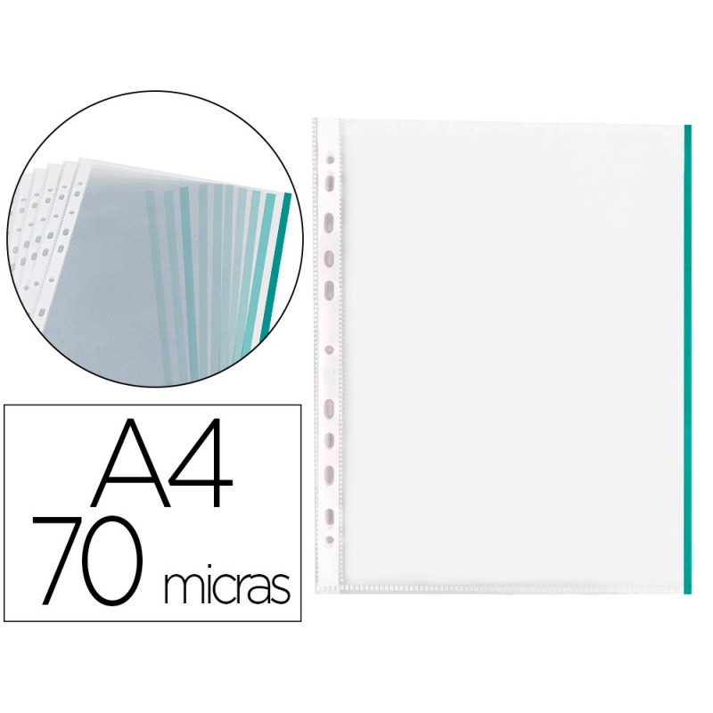FUNDA MULTITALADRO Q-CONNECT DIN A4 70 MC PP CRISTAL CON BORDE VERDE BOLSA DE 10 UDS