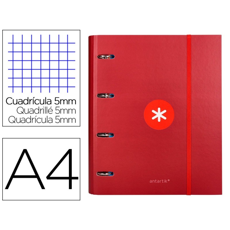 CARPETA CON RECAMBIO Y SOLAPA LIDERPAPEL ANTARTIK A4 CUADRO 5 MM FORRADA 4 ANILLAS REDONDAS 40MM COLOR FRAMBUESA