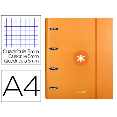 CARPETA CON RECAMBIO Y SOLAPA LIDERPAPEL ANTARTIK A4 CUADRO 5 MM FORRADA 4 ANILLAS REDONDAS 40MM COLOR MOSTAZA