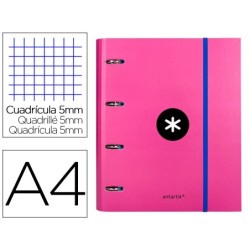 CARPETA CON RECAMBIO Y SOLAPA LIDERPAPEL ANTARTIK A4 CUADRO 5 MM FORRADA 4 ANILLAS REDONDAS 40MM COLOR ROSA