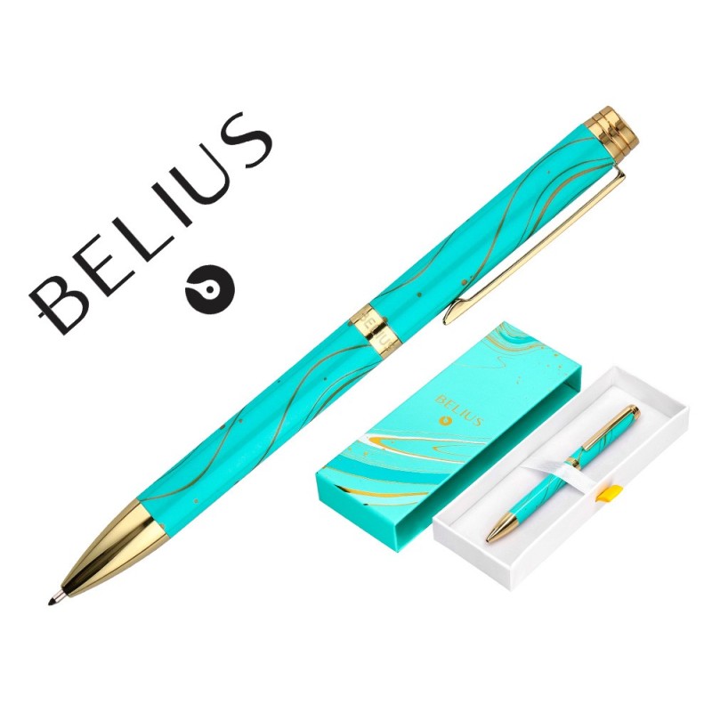 BOLIGRAFO BELIUS AQUA ALUMINIO COLOR TURQUESA Y DORADO TINTA AZUL CAJA DE DISEÑO