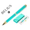 BOLIGRAFO BELIUS AQUA ALUMINIO COLOR TURQUESA Y DORADO TINTA AZUL CAJA DE DISEÑO