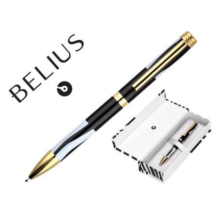 BOLIGRAFO BELIUS DUALITA CUERPO BLANCO COLOR NEGRO TINTA AZUL CAJA DE DISEÑO