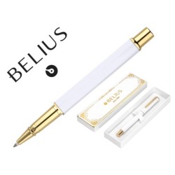 BOLIGRAFO BELIUS MACARON BLISS FORMA HEXAGONAL COLOR BLANCO Y DORADO TINTA AZUL CAJA DE DISEÑO