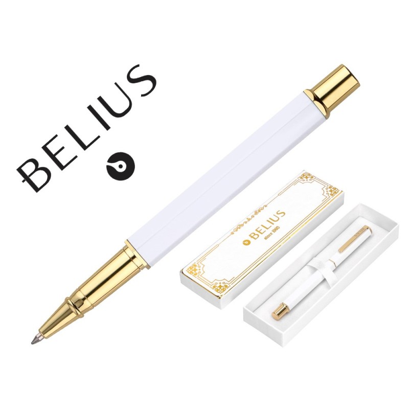 BOLIGRAFO BELIUS MACARON BLISS FORMA HEXAGONAL COLOR BLANCO Y DORADO TINTA AZUL CAJA DE DISEÑO