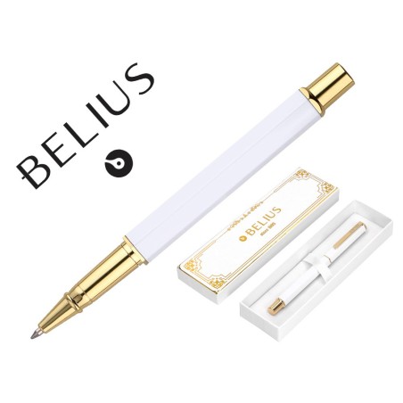 BOLIGRAFO BELIUS MACARON BLISS FORMA HEXAGONAL COLOR BLANCO Y DORADO TINTA AZUL CAJA DE DISEÑO