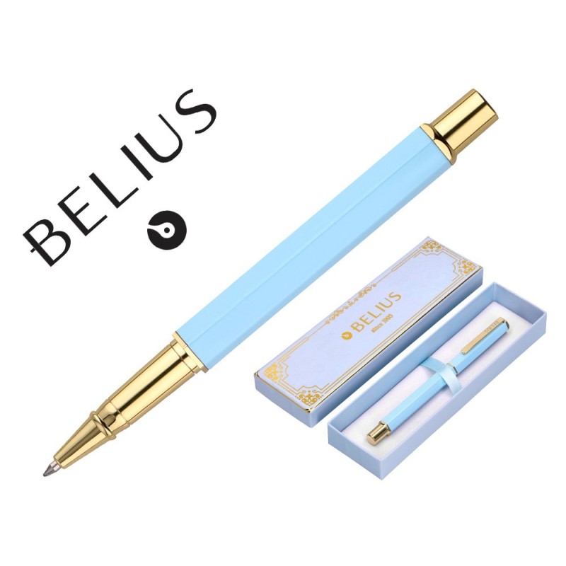 BOLIGRAFO BELIUS MACARON BLISS FORMAO HEXAGONAL COLOR CELESTE Y DORADO TINTA AZUL CAJA DE DISEÑO