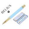 BOLIGRAFO BELIUS MACARON BLISS FORMAO HEXAGONAL COLOR CELESTE Y DORADO TINTA AZUL CAJA DE DISEÑO