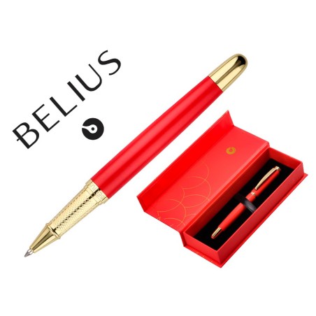BOLIGRAFO BELIUS PASSION DOR ALUMINIO TEXTURA CEPILLADA COLOR ROJO Y DORADO TINTA AZUL CAJA DE DISEÑO