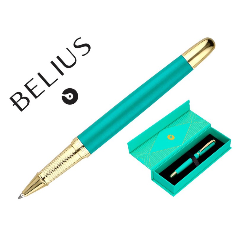 BOLIGRAFO BELIUS SOIREE ALUMINIO COLOR ART DECO TURQUESA Y DORADO TINTA AZUL CAJA DE DISEÑO