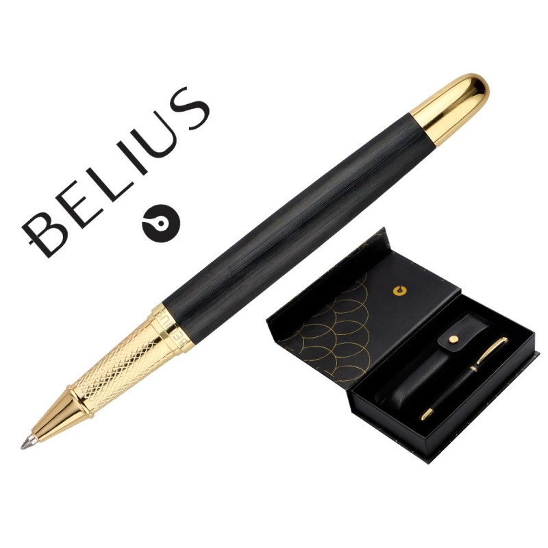 BOLIGRAFO Y ESTUCHE BELIUS PASSION DOR ALUMINIO TEXTURA CEPILLADA COLOR NEGRO Y DORADO TINTA AZUL CAJA DISEÑO
