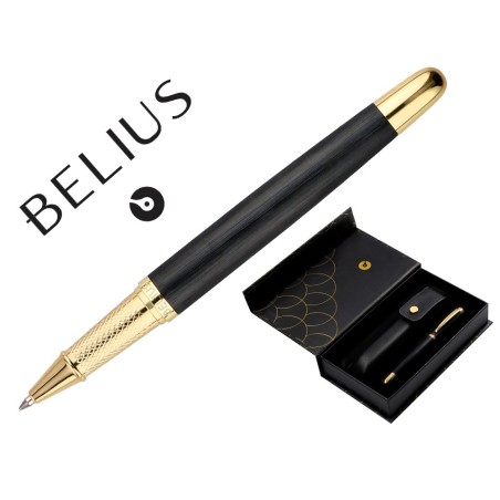 BOLIGRAFO Y ESTUCHE BELIUS PASSION DOR ALUMINIO TEXTURA CEPILLADA COLOR NEGRO Y DORADO TINTA AZUL CAJA DISEÑO