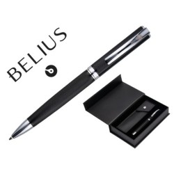 BOLIGRAFO Y ESTUCHE BELIUS TURBO ALUMINIO TEXTURA PUNTEADA NEGRO Y PLATEADO TINTA AZUL CAJA DE DISEÑO