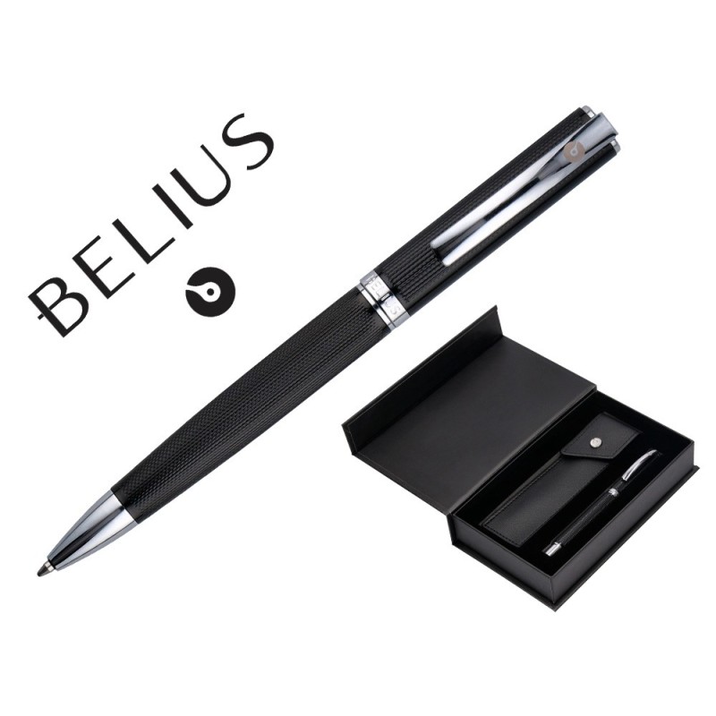 BOLIGRAFO Y ESTUCHE BELIUS TURBO ALUMINIO TEXTURA PUNTEADA NEGRO Y PLATEADO TINTA AZUL CAJA DE DISEÑO