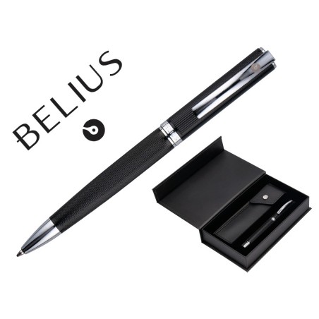 BOLIGRAFO Y ESTUCHE BELIUS TURBO ALUMINIO TEXTURA PUNTEADA NEGRO Y PLATEADO TINTA AZUL CAJA DE DISEÑO