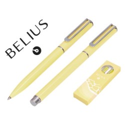 JUEGO BOLIGRAFO Y ROLLER BELIUS ENDLESS ALUMINIO COLOR AMARILLO Y PLATEADO TINTA AZUL CAJA DE DISEÑO