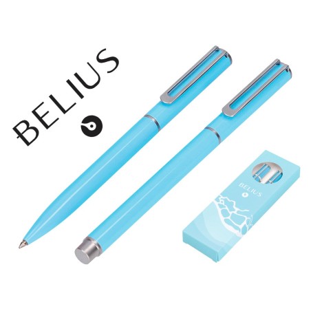 JUEGO BOLIGRAFO Y ROLLER BELIUS ENDLESS SUMMER ALUMINIO COLOR CELESTE Y PLATEADO TINTA AZUL CAJA DE DISEÑO