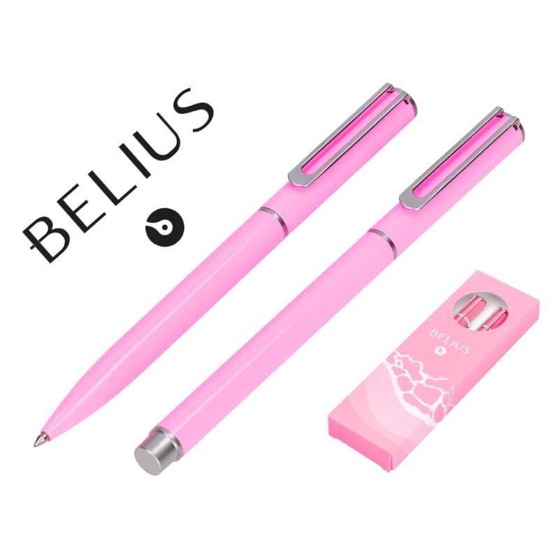 JUEGO BOLIGRAFO Y ROLLER BELIUS ALUMINIO ENDLESS SUMMER COLOR ROSA Y PLATEADO TINTA AZUL CAJA DE DISEÑO